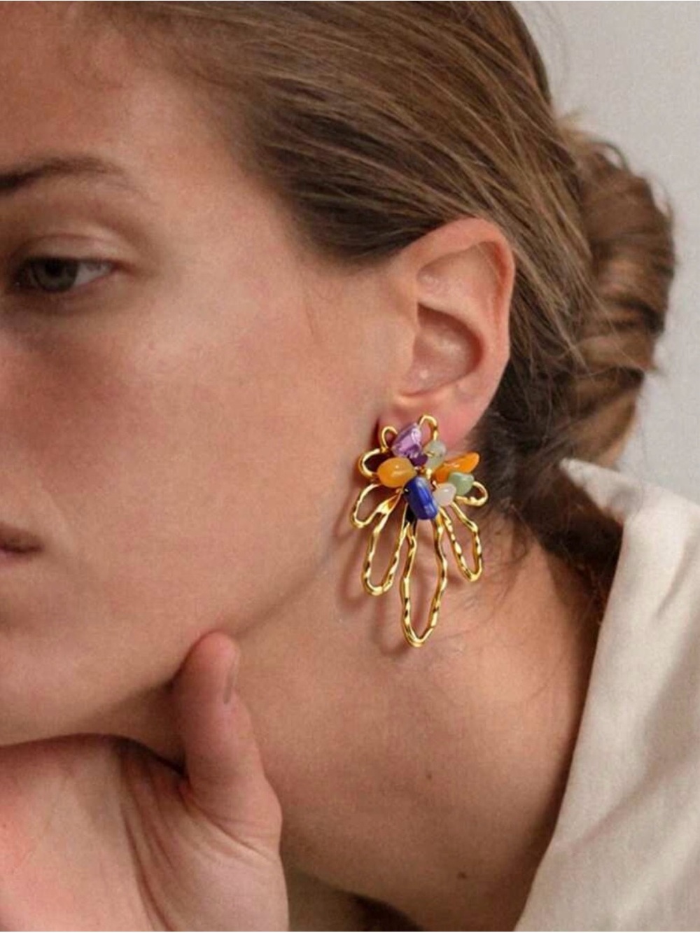 Gold Floral Loop Earrings with Multicolor Stone Chips - Picture 4 of 6